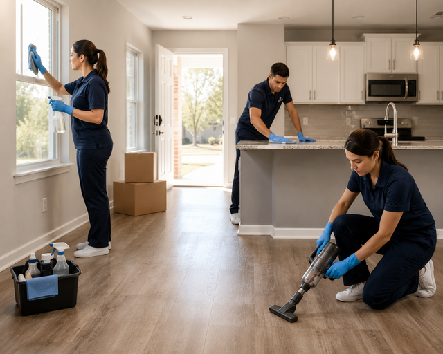 Three cleaners vacuum and wipe windows in a bright kitchen and living room of a new home