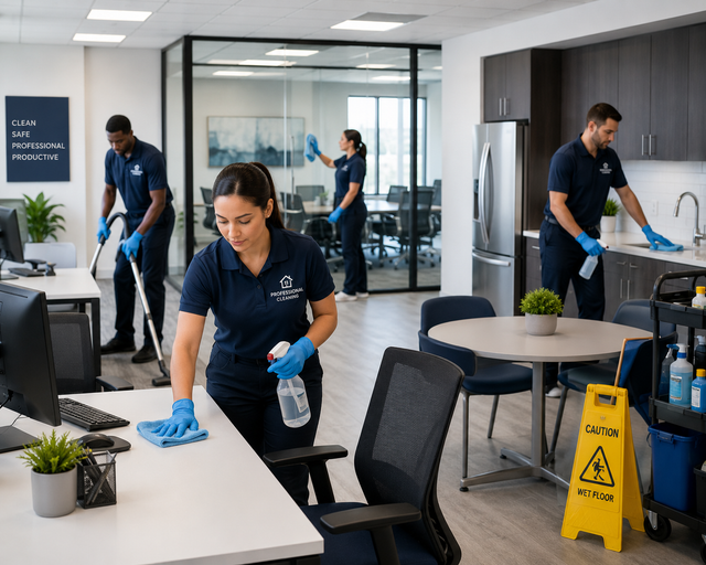 Cleaning crew in navy uniforms wiping tables and vacuuming a modern office with glass walls