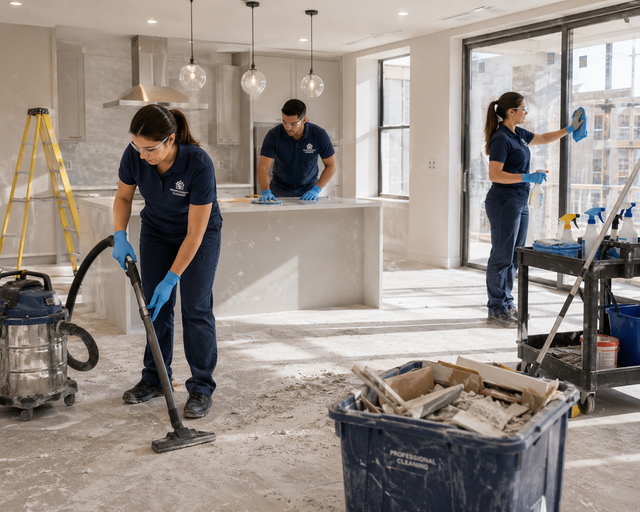Workers renovating a bright kitchen, sweeping debris amid tools, ladders, and a trash bin.