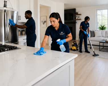Three cleaners in navy uniforms dust and vacuum a bright modern home kitchen and living room.