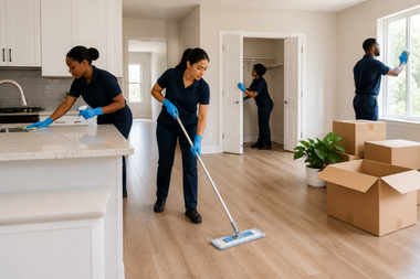 Professional cleaners mopping a bright apartment with boxes and open windows during move-in cleaning