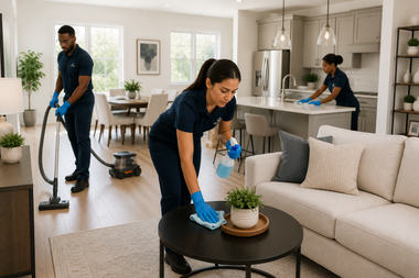 Cleaning crew vacuuming and dusting a bright living room with a beige sofa and coffee table planter