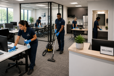 Office cleaning crew vacuuming and wiping a modern lobby with a welcome desk and indoor plants