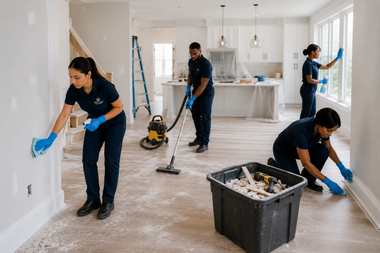 Cleaning crew tidying a bright room with mops, a vacuum, and supplies on the floor