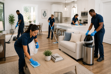 Cleaning crew in blue gloves tidying a bright living room with a sofa, coffee table, and trash bin
