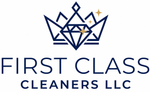 First Class Cleaners LLC logo with navy crown and diamond icon on white background