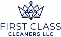 First Class Cleaners LLC logo with navy crown and diamond icon on white background