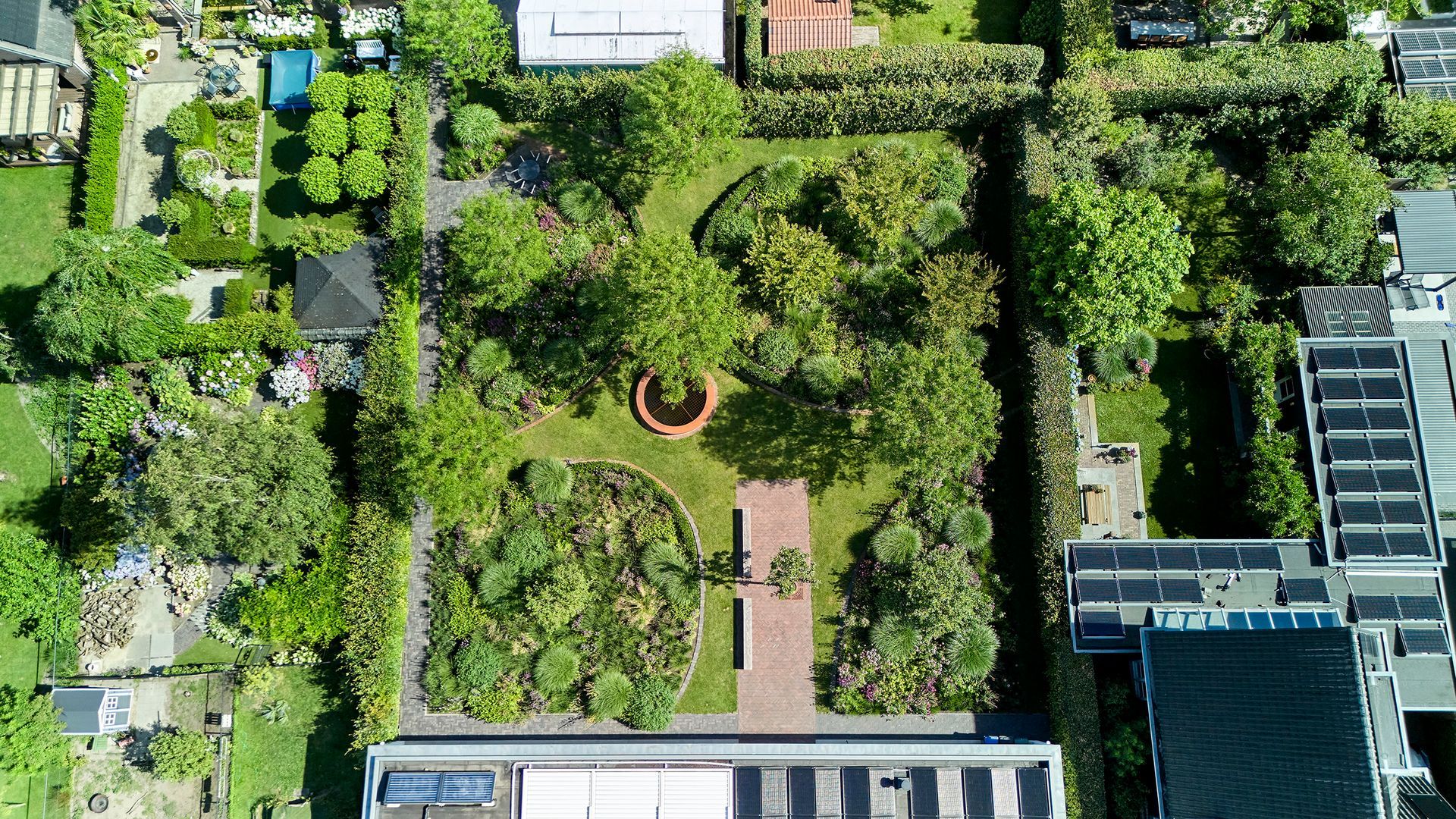 Luchtfoto van een weelderige daktuin met bomen, struiken, paden en omliggende gebouwen.