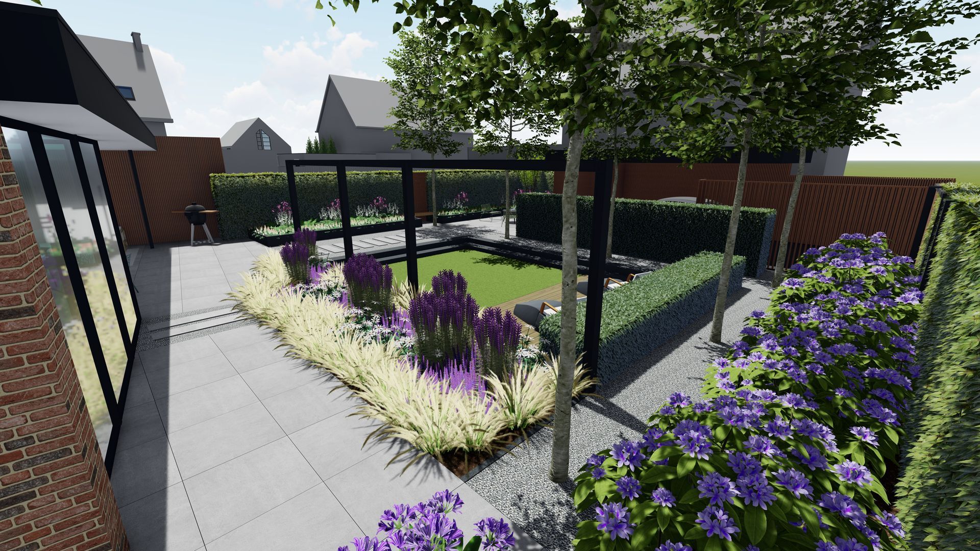 Een weelderige tuin met een centrale, lange en smalle waterpartij, rozenstruiken, bomen en een betegeld terras.