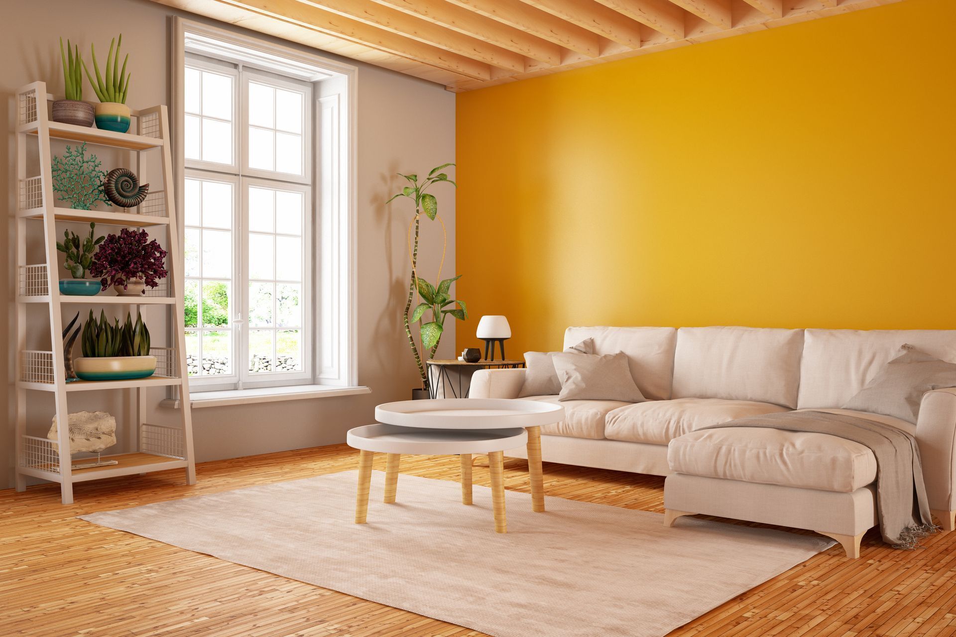 Living room with white sofa, yellow wall, and wooden floor.