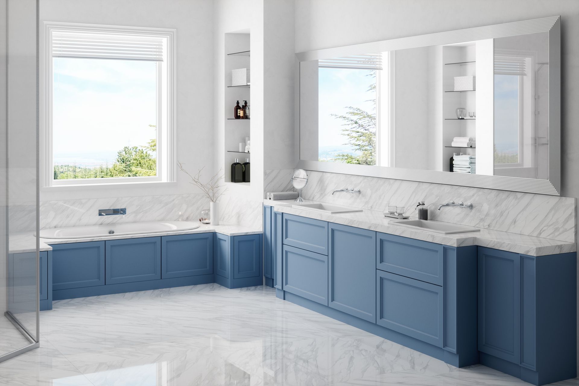 Blue bathroom with marble counters and large mirrors. A window provides natural light.