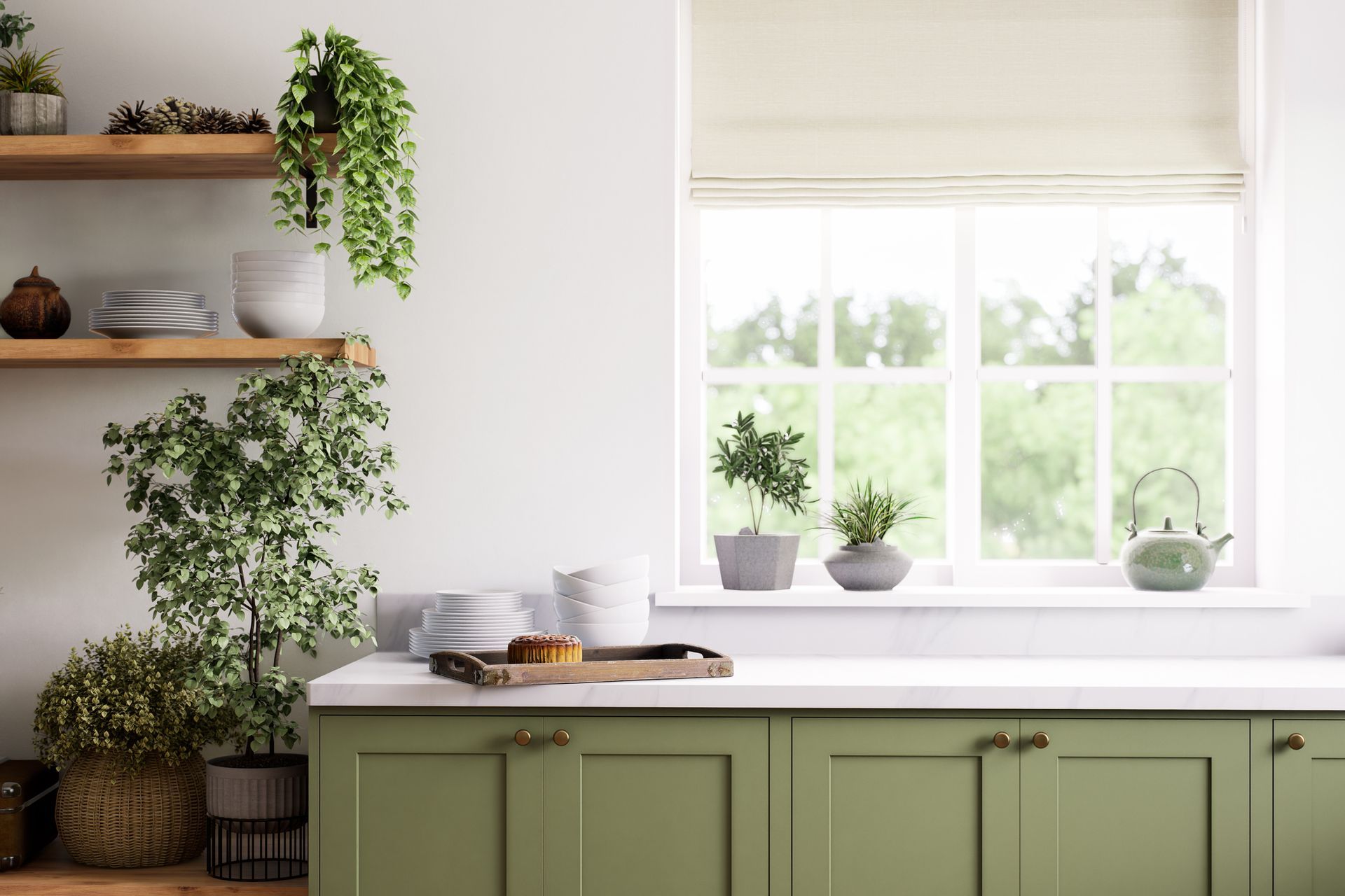 Kitchen with green cabinets, shelves, plants, and a window overlooking greenery.