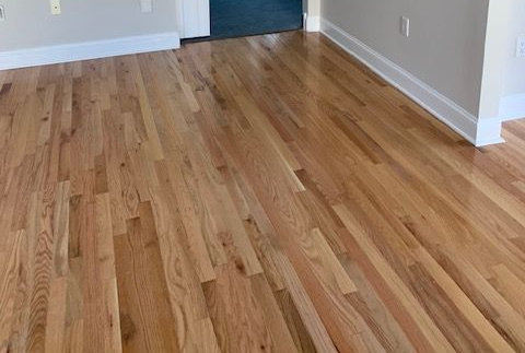 Hardwood floor with natural wood grain. White baseboards and light gray walls.