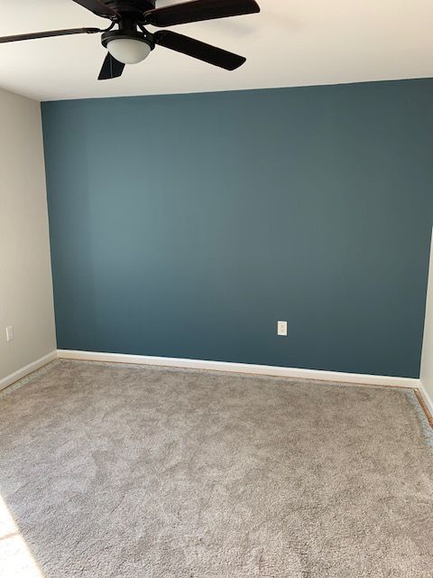 A bedroom with gray carpet, a dark blue accent wall, a ceiling fan, and light gray walls.