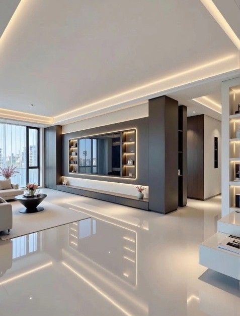 Modern living room with built-in TV, shelves, and recessed lighting; white floors, dark grey accent wall.