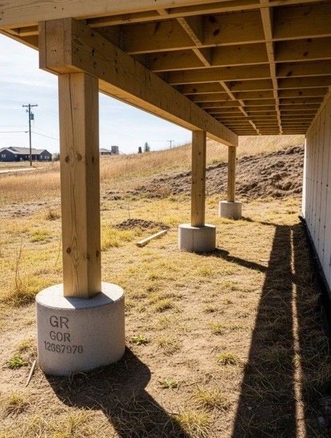 Wooden deck under construction, supported by concrete pillars on a grassy slope.