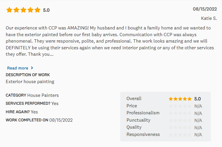 Customer review of exterior house painting: 5-star rating, praising professionalism, responsiveness, and work quality.