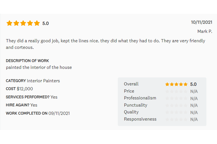 Review of interior painters; 5-star rating, $12,000 cost. Positive comments about work quality, friendliness.