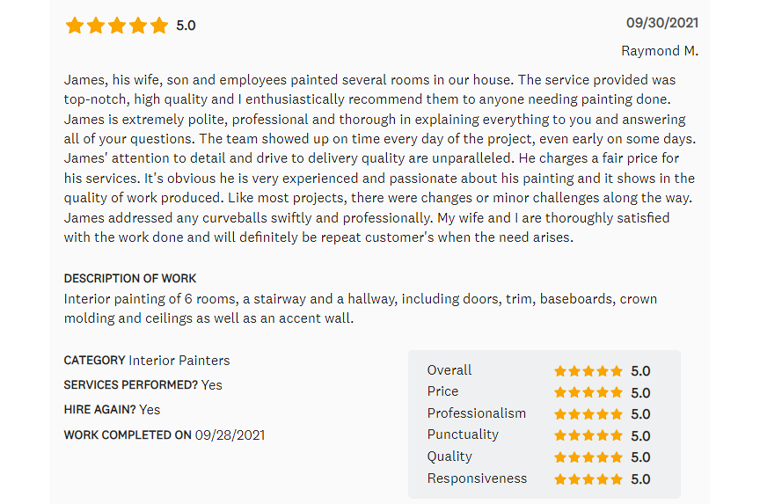 Customer review of a painting service. Includes a written review and a 5-star rating.