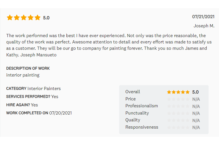 Customer review of interior painters with 5-star rating, including text, date, and service details.