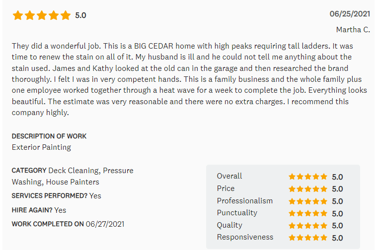 Customer review of exterior painting service, with 5-star rating, including details about the project and positive feedback.