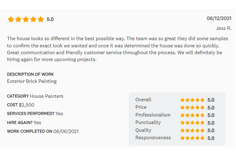 Customer review for exterior brick painting, rated 5 stars overall, cost $2,500.