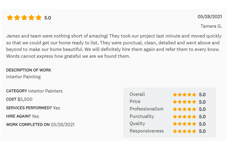 Customer review of interior painting service, 5-star rating with detailed feedback and cost details.