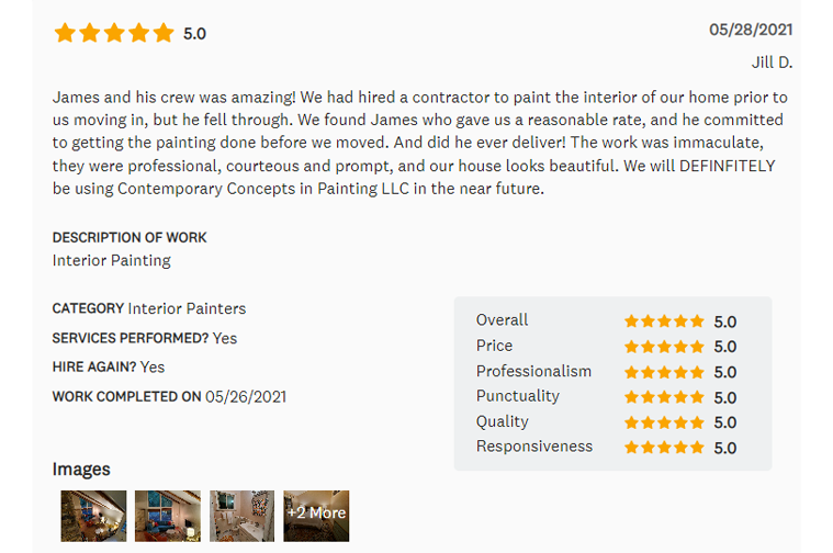 Customer review of painting service, rated 5 stars. Includes work description and images.