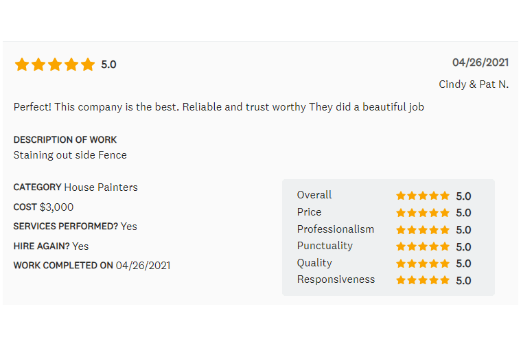 Customer review: 5 stars for house painters; staining outside fence.