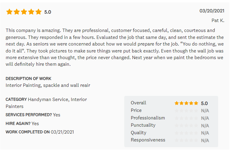 Customer review: Five-star rating for painting company; praises professionalism, cleanliness, and value.