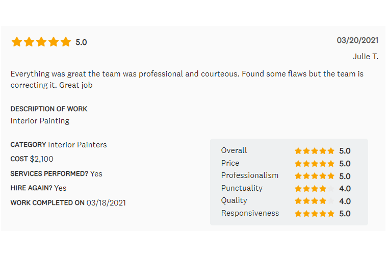 Customer review of interior painting with five stars, positive comments, and ratings.