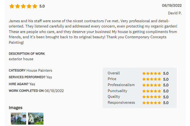 Review of a house painter with 5-star rating, including text, service details, and photos of painted house.