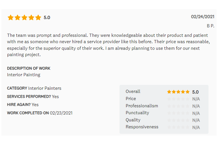 Customer review of interior painting service, 5-star rating with positive comments on professionalism and price.