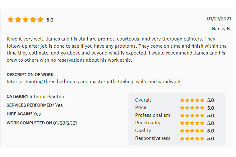 Review of interior painting services by Nancy B, 5 stars, with details of work completed.