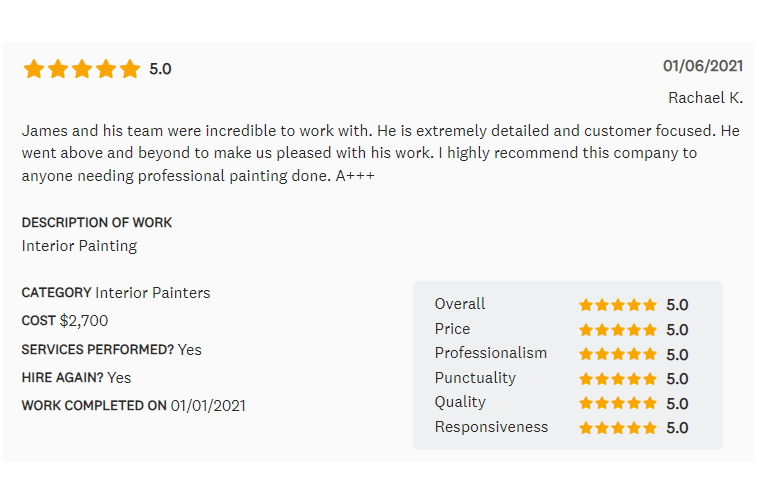 Review of interior painting with 5-star ratings, details, and cost of $2,700, completed on 01/01/2021.