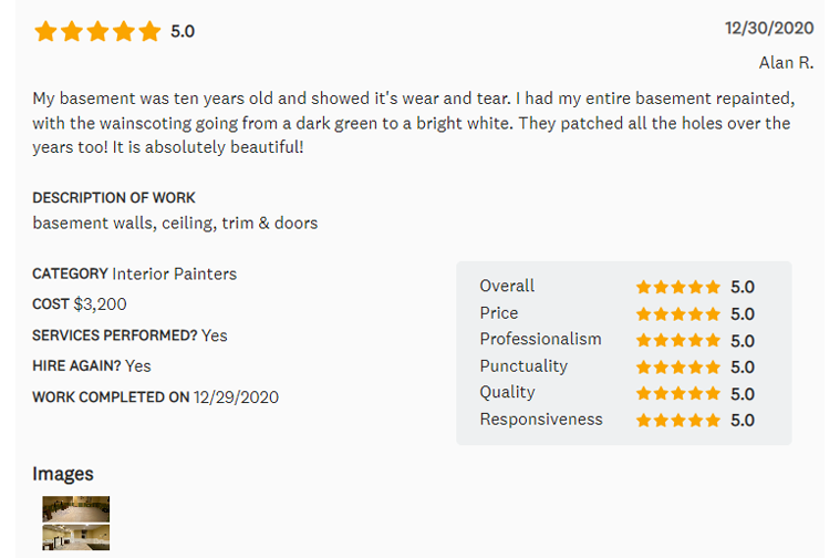 Customer review of interior painting, text details cost, work completed, and ratings.