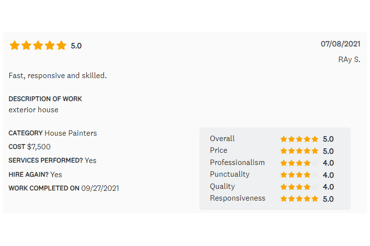 Review of exterior house work: 5-star rating, cost $1,500, services performed, responsive, professional, and completed on 09/27/2021.