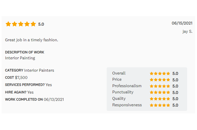 Review of interior painting service. 5-star rating, cost $7,500, positive feedback on timeliness and quality.