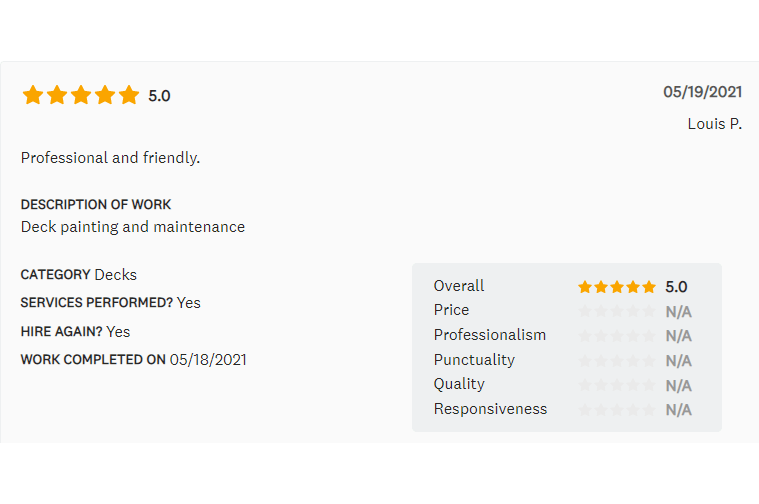 Customer review: 5-star rating for deck painting, described as professional and friendly. Work completed May 18, 2021.
