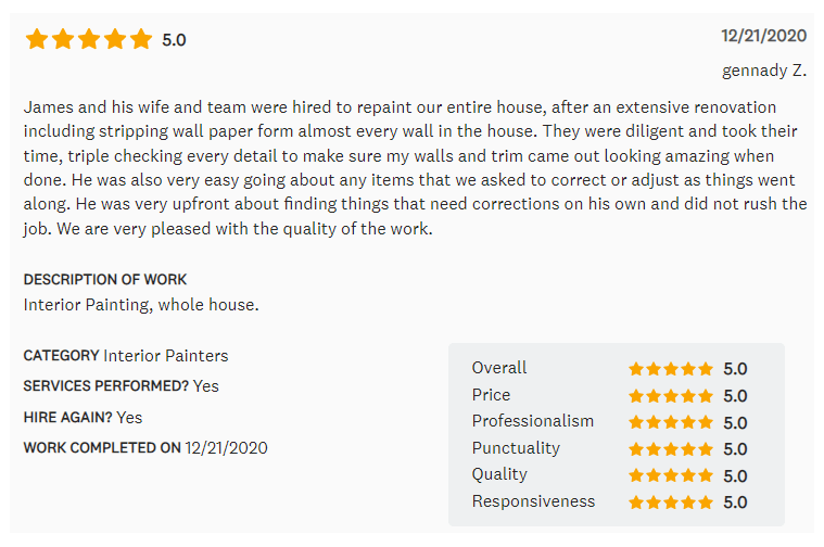 Review of interior painting service, 5-star rating, including price, professionalism, punctuality, and quality.
