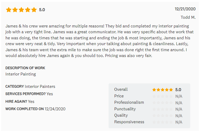 Review of interior painting service, 5-star rating, including praise for James and crew.
