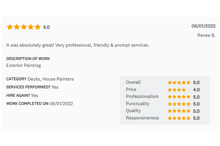 Customer review for exterior painting with 5-star ratings, noting professional, friendly, and prompt service.