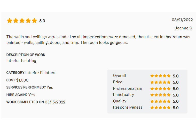 Customer review of interior painting, 5-star rating, including sanding and painting walls, ceiling, doors, and trim.