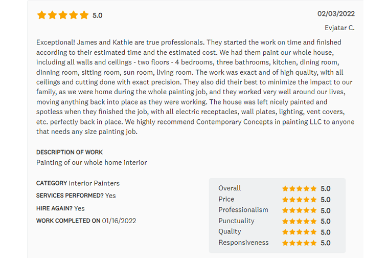 Customer review praising painting services, with rating of 5 stars.