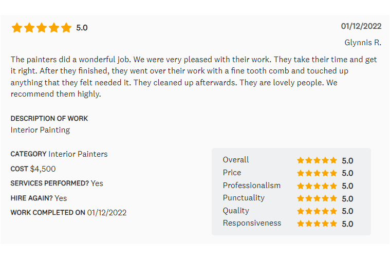 Customer review of interior painters: 5 stars, $4,500 cost, work completed 01/12/2022.