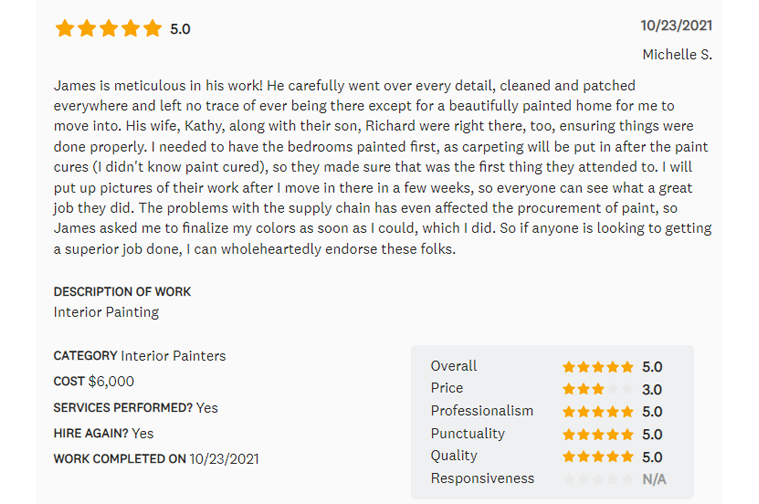 Customer review of interior painting service, 5-star rating. Includes work details like cost, services, and professionalism.