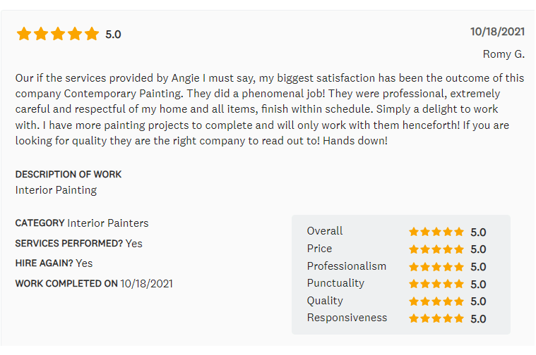 Customer review of interior painting company, including ratings and text.