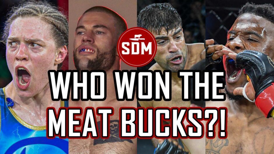 A collage of four fighters with the words `` who won the meat bucks ? ''