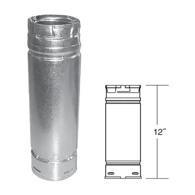 12-inch silver cylindrical metal vent pipe shown in photo and line drawing