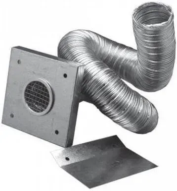 Metal flexible ventilation duct connected to a square vent grille with a detached metal plate nearby